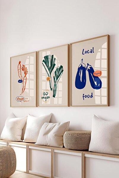 Postifull Çerçeveli Tablo Seti, 3 Adet Ahşap Çerçeve ve Minimalist Yemek Temalı Poster Seti, No:300553