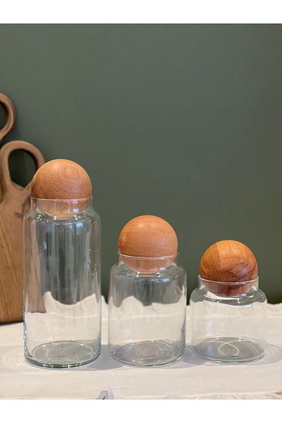 may home design Set of 3 Glass Jars with Wooden Ball Lids