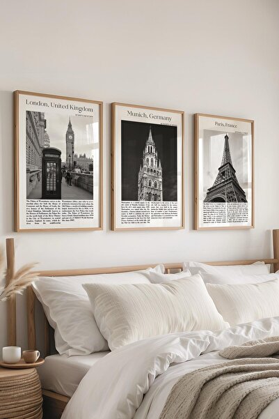 Postifull Çerçeveli Tablo Seti, 3 Adet Ahşap Çerçeve ve Şehir - Seyahat Temal...