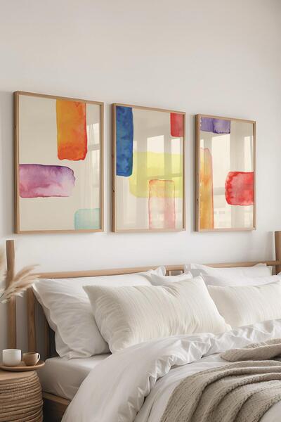 Postifull Çerçeveli Tablo Seti, 3 Adet Ahşap Çerçeve ve Soyut Temalı Poster S...