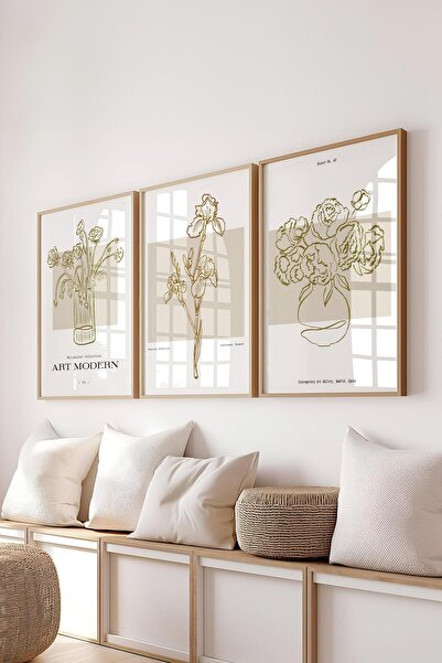 Postifull Çerçeveli Tablo Seti, 3 Adet Ahşap Çerçeve ve Minimalist Çizim Temalı Poster Seti, No:300581