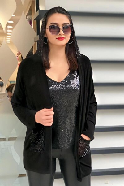 MODANİCE Hooded and Pocketed Sequin Cardigan