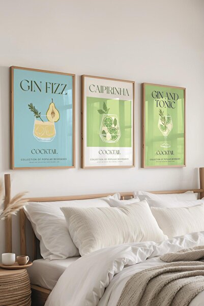 Postifull Çerçeveli Tablo Seti, 3 Adet Ahşap Çerçeve ve Kokteyl Çizim Temalı Poster Seti, No:300535