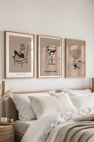 Postifull Çerçeveli Tablo Seti, 3 Adet Ahşap Çerçeve ve Minimalist Çizim Tema...