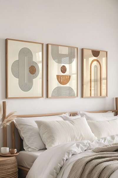 Postifull Çerçeveli Tablo Seti, 3 Adet Ahşap Çerçeve ve Geometrik Temalı Post...
