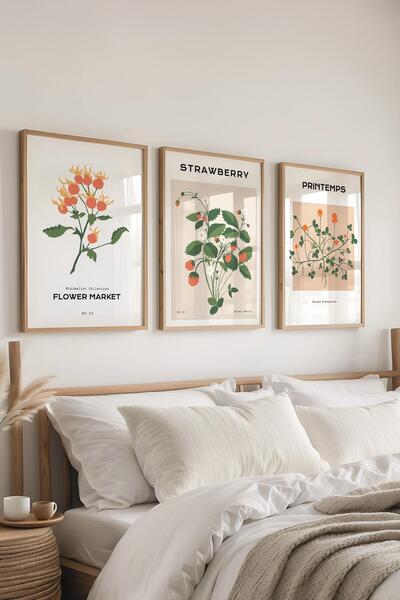 Postifull Çerçeveli Tablo Seti, 3 Adet Ahşap Çerçeve ve Minimalist Çiçekler  ...