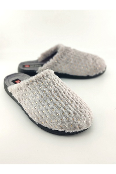 GEZER Women's Gray Color Dot Patterned Winter Home, Guest and Dowery Slippers