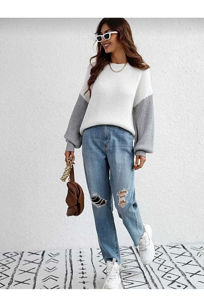 MODASPARK Women's Colorful Thessaloniki Knitted White Sweater