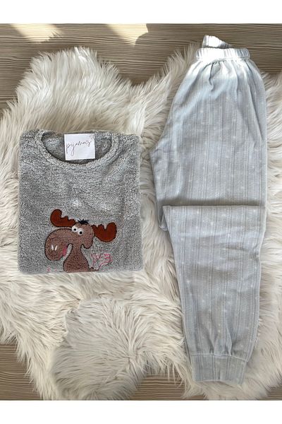 Pijamacs Gray Deer Patterned Kangaroo Pocket Detailed Fleece Pajama Set