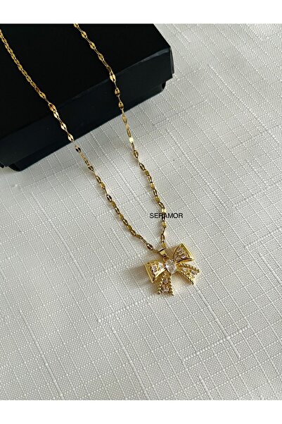 SERAMOR Kararmaz Çelik gold zincirli taşlı kurdele kolye