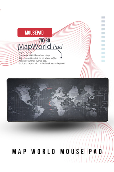SİYAH Map World Dünya Haritası Desenli Oyuncu Gaming Mousepad 70*30 Kaliteli