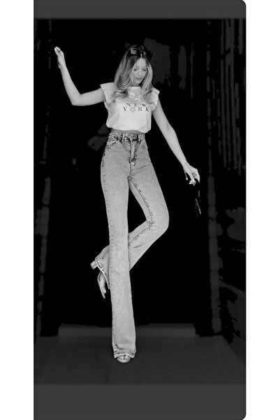 TRENDNATUREL Zar Ispanyol Yüksek Bel Solmaz Mavi Kar Yıkama Kot Pantolon Toparlayıcı Jean