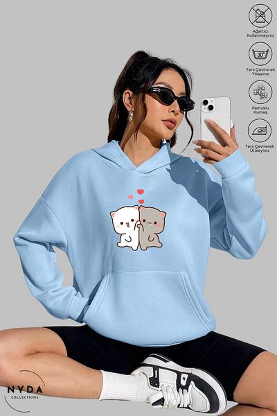 Nyda Collections Hanorac unisex cu mânecă lungă cu imprimeu inimă - bumbac supradimensionat cu glugă