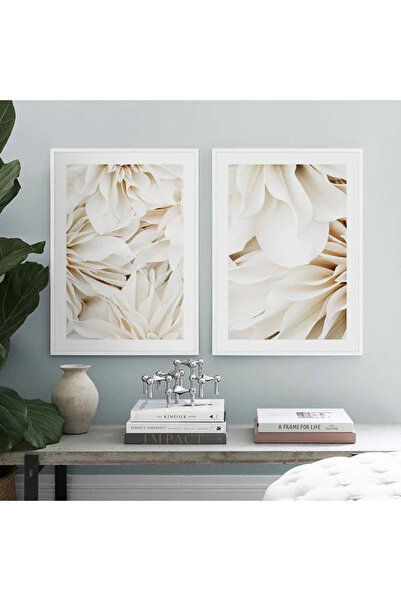Linacci İkili Beyaz İnce Metal Çerçeve Soft Çiçek Cam Tablo Seti