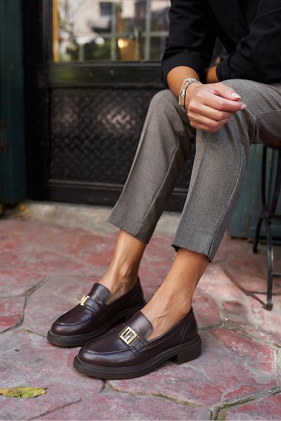 ANGELİNA JONES Castilo Women's Brown Genuine Leather Imported Buckle Loafer Shoes