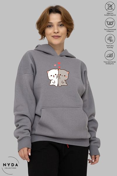 Nyda Collections Φούτερ Unisex με μακρυμάνικη καρδιά με στάμπα - Βαμβακερή κουκούλα Oversize
