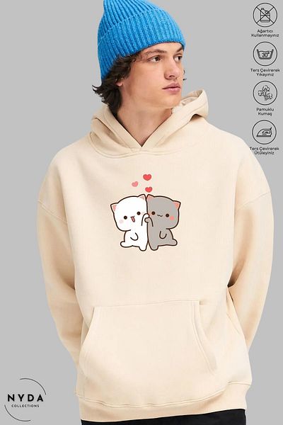 Nyda Collections Φούτερ Unisex με μακρυμάνικη καρδιά με στάμπα - Βαμβακερή κουκούλα Oversize