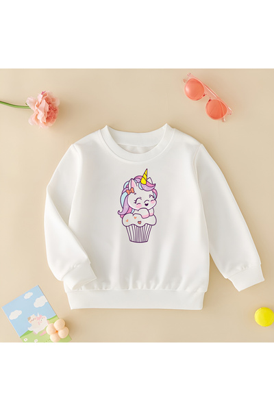 CDA Унисекс суитшърт с еднорог и принт Cupcake за бебе момиче и момче, бял
