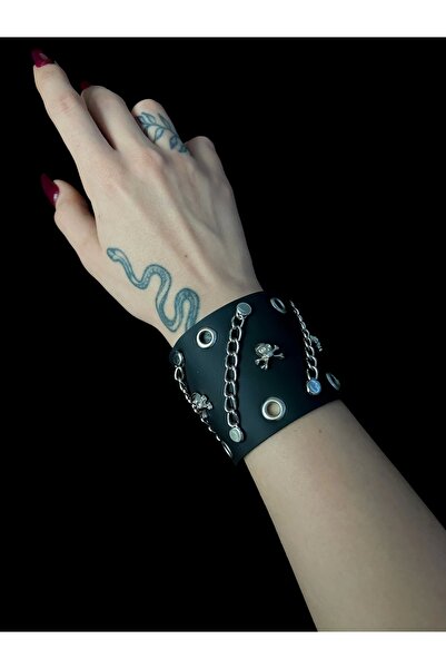 DarkellaStore Gotik Punk Kuru Kafalı Skull Zincirli Deri Bileklik (UNISEX)