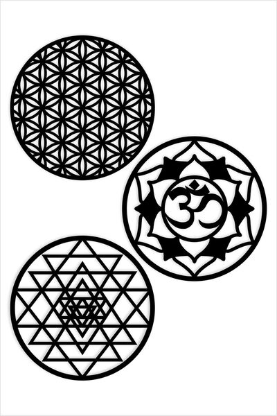 UNT Floarea vieții din lemn, Sri Yantra și simbolul Om, pictură decorativă tr...