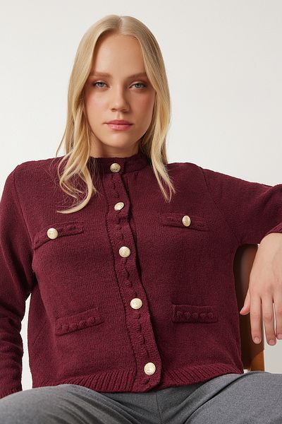 Lovelyİstanbul Stylish Buttoned Textured Knitwear Cardigan Claret Red Ldp0009