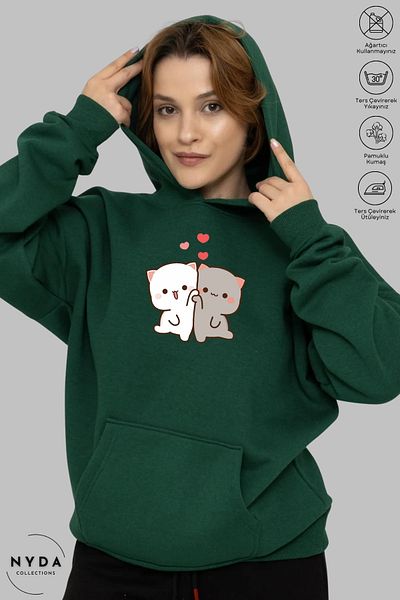 Nyda Collections Φούτερ Unisex με μακρυμάνικη καρδιά με στάμπα - Βαμβακερή κουκούλα Oversize