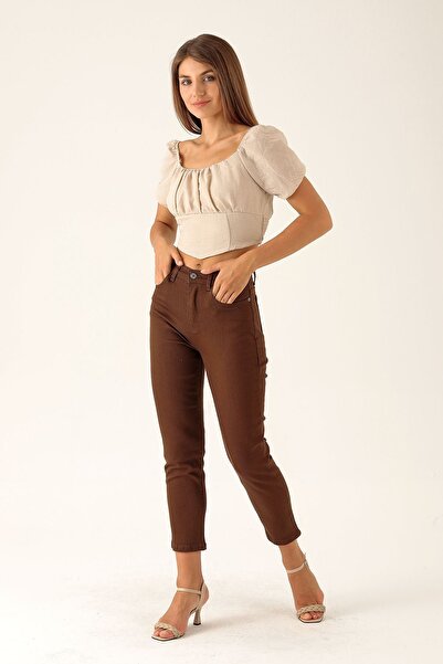 JAXEN NS-36947 Femei talie înaltă blugi mom fit Maro amar