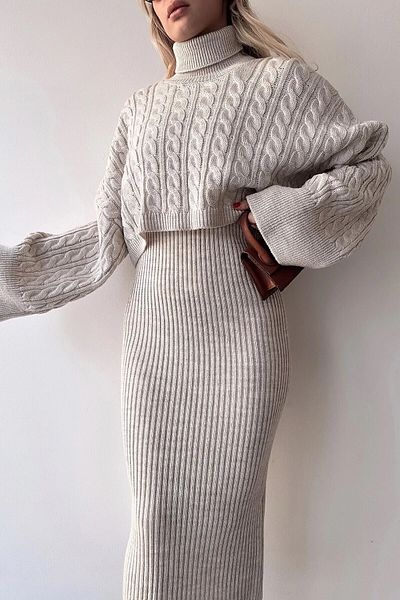 malueur Women's Stone Rhinestone Knit Motif Crop Sweater and Knitwear Dress Double Set