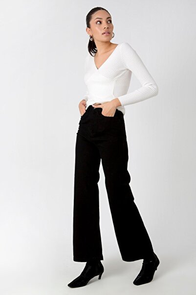 WODDİ بنطلون نسائي من Ferluga بخصر عالٍ أسود من Palazzo Jeans مصنوع من الليكرا