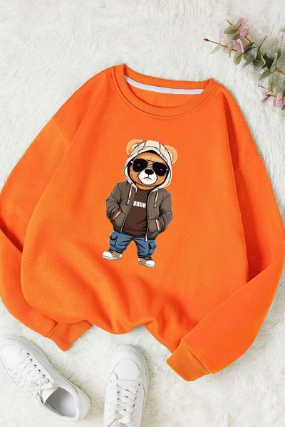 Moda Glo Hanorac unisex din bumbac cu decolteu rotund cu imprimeu Bruh Bear