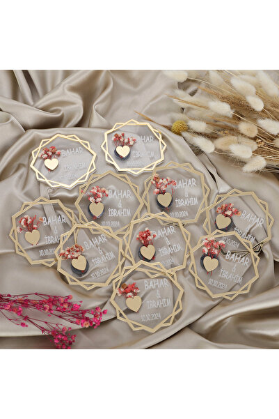 lina hobby 10’lu Kişiye Özel Akrilik Magnet Nikah Şekeri - Altın Detaylı Çiçe...