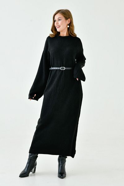 WOMAN VISION Women's Off Shoulder Crew Neck Long Sleeve Belted Oversize Fit Black Knitwear Dress 4097
