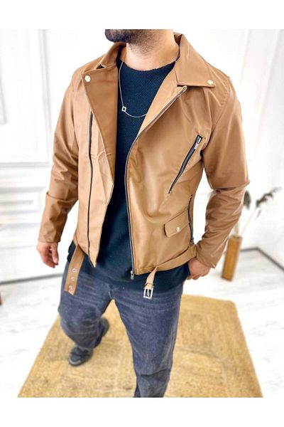 elkumoda Δερμάτινο μπουφάν Διαγώνιο φερμουάρ Ζώνη New Season Pocket Δερμάτινο παλτό
