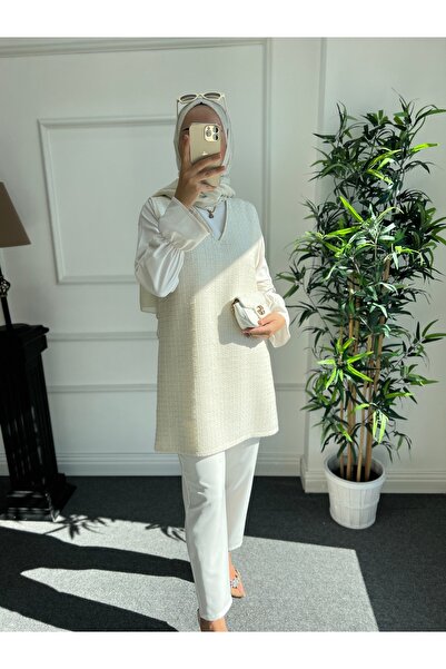 Nisa Nalbantoğlu Ecru Glitter Tweed Hijab Sweater