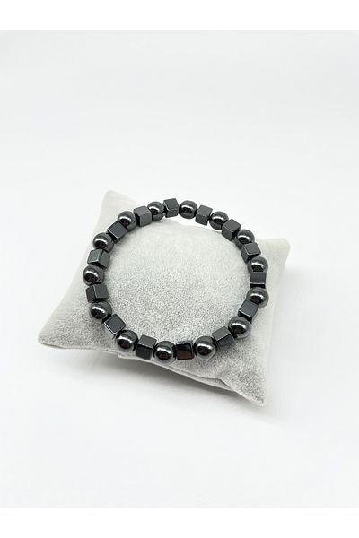 Padore Accessory Cube and Round Hematite Natural Stone Bracelet - Handcrafted Symbols of Force