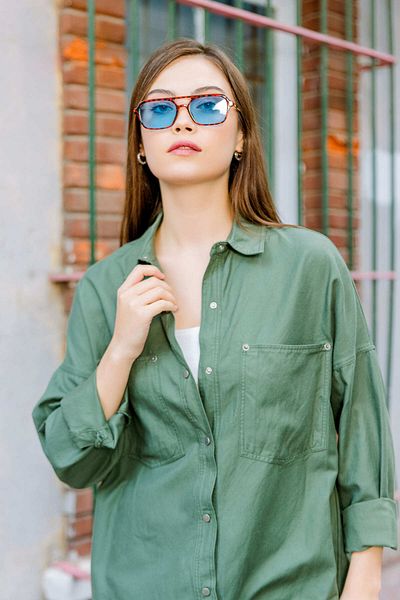 Maule Green 100% Cotton Gabardine Snap Fastener Double Pocket Women's Off-Shoulder Oversize Oval Shirt @Livorno