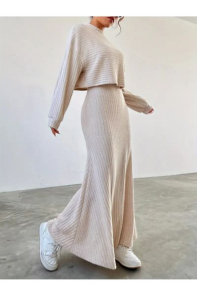 Wild Flower Beige Long Sleeve Round Collar Bottom Top Slinky Dress Set
