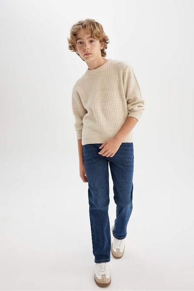 DeFacto Boy's Beige Crew Neck Basic Plain Knitwear Sweater C9468A824Au