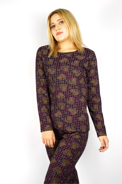 Trendglow Női kockás macskamintás pamut pizsama szett - fekete hosszú ujjú, széles lábú nyakú