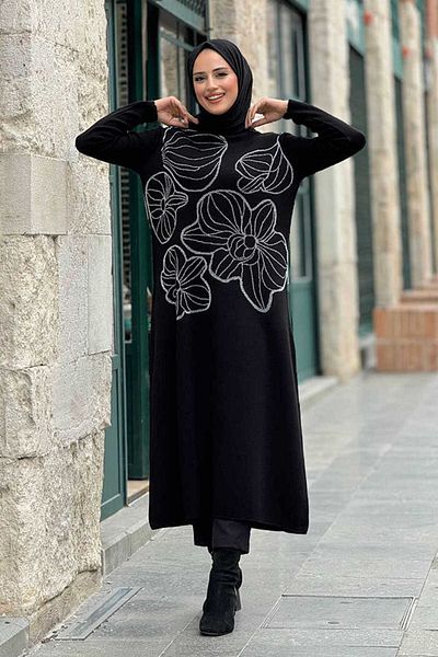 Bym Fashion Glittered Flower Embroidery Detailed Knitwear Tunic 18191 Black Silver