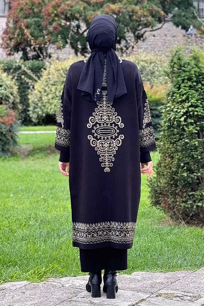 Bym Fashion Glitter Ethnic Pattern Κέντημα Λεπτομερής Πλεκτή Ζακέτα 18189 Μαύρο-Χρυσό