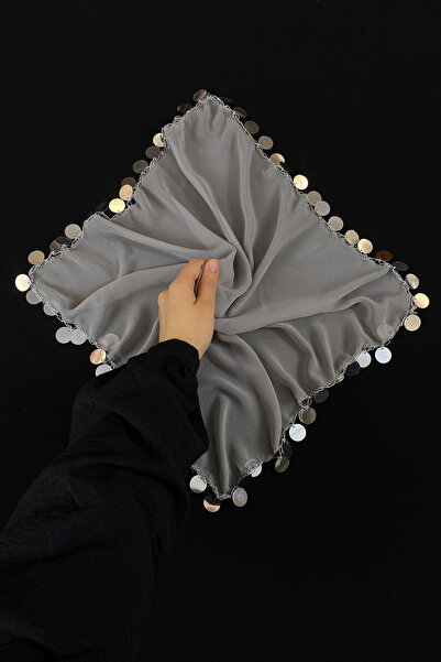 ZEYMERADE Büyük Boy Şifon Halay Mendili, 50x50cm Gri Gümüş 1 Adet, Gelin Dama...