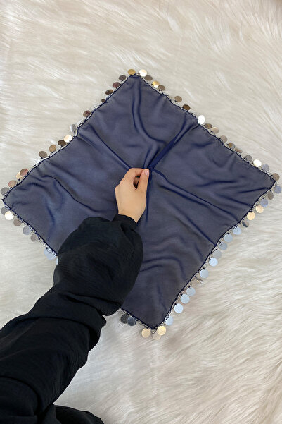 ZEYMERADE Büyük Boy Şifon Halay Mendili, 50x50cm Lacivert Gümüş 1 Adet, Gelin...