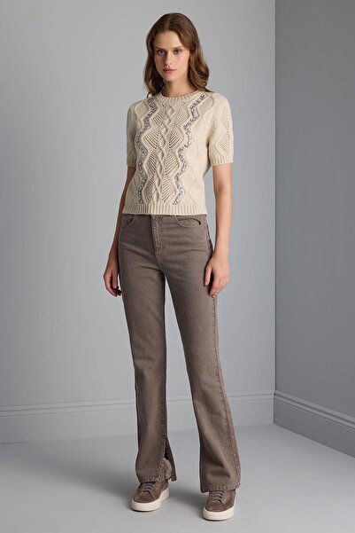 JOIN US El İşi Taş İşlemeli Örgü Desenli Bej Triko Bluz