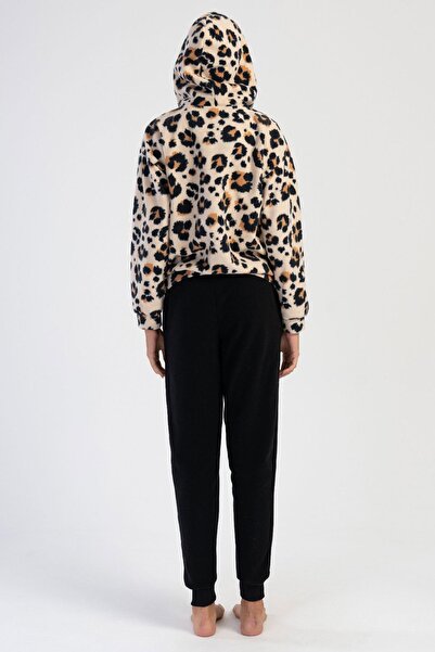 VİENETTA Kadın Uzun Kol Polar Kapüşonlu Fermuarlı Leopar Bej  Pijama Takım C6T6N0O304