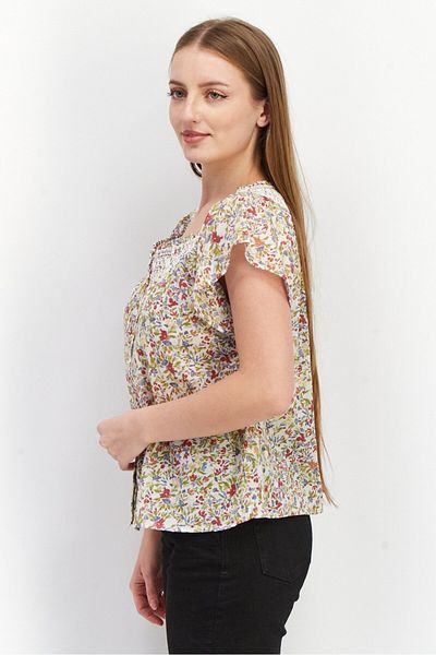 BB Dakota by Steve Madden Women Round Neck Cap Sleeve Allover Print Blouse, Red Combo