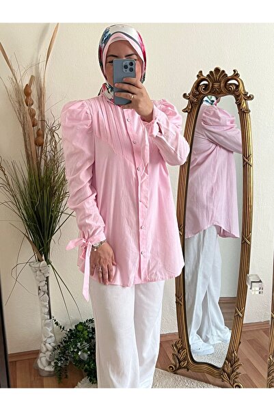 GÜZEL ÇARŞI Keten Kumaş Kol Bağlama Detaylı Pembe Gömlek