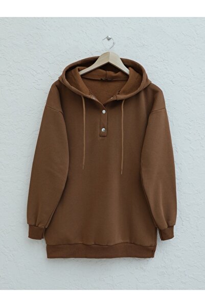 Modamorfo سترة بغطاء للرأس مع ياقة مثبتة بالزر مبطن بالصوف ثلاثة خيوط - قهوة