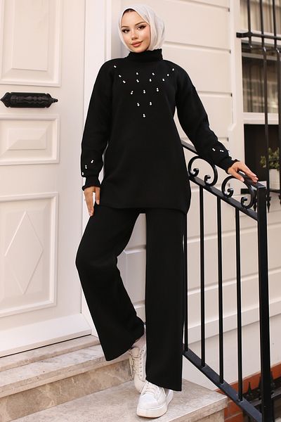 benguen 6077 Stone Detailed Knitwear Set Black