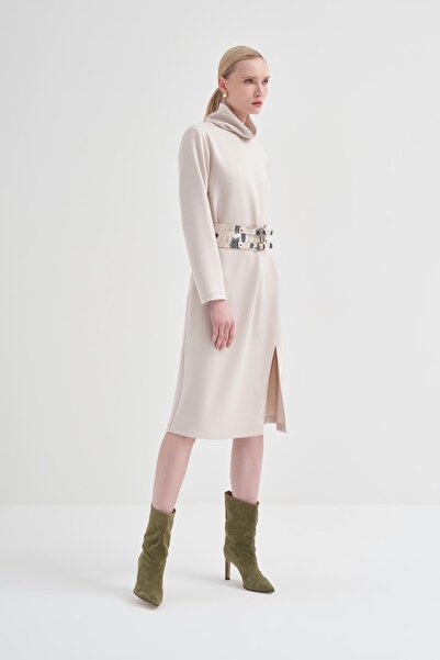 BİRELİN Dik Yakalı Örme Elbise Gri